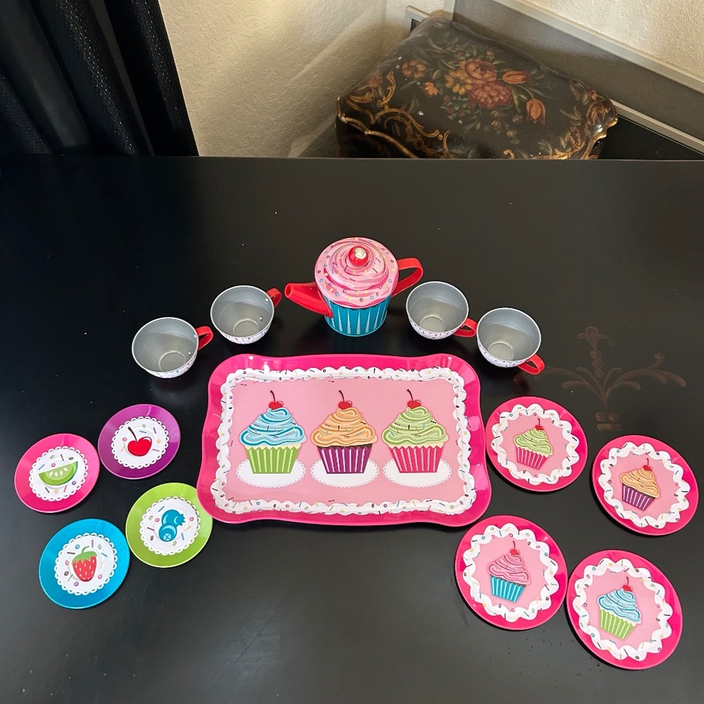 Schylling Tea Set Metal Tin Cupcake Theme - 14 piece